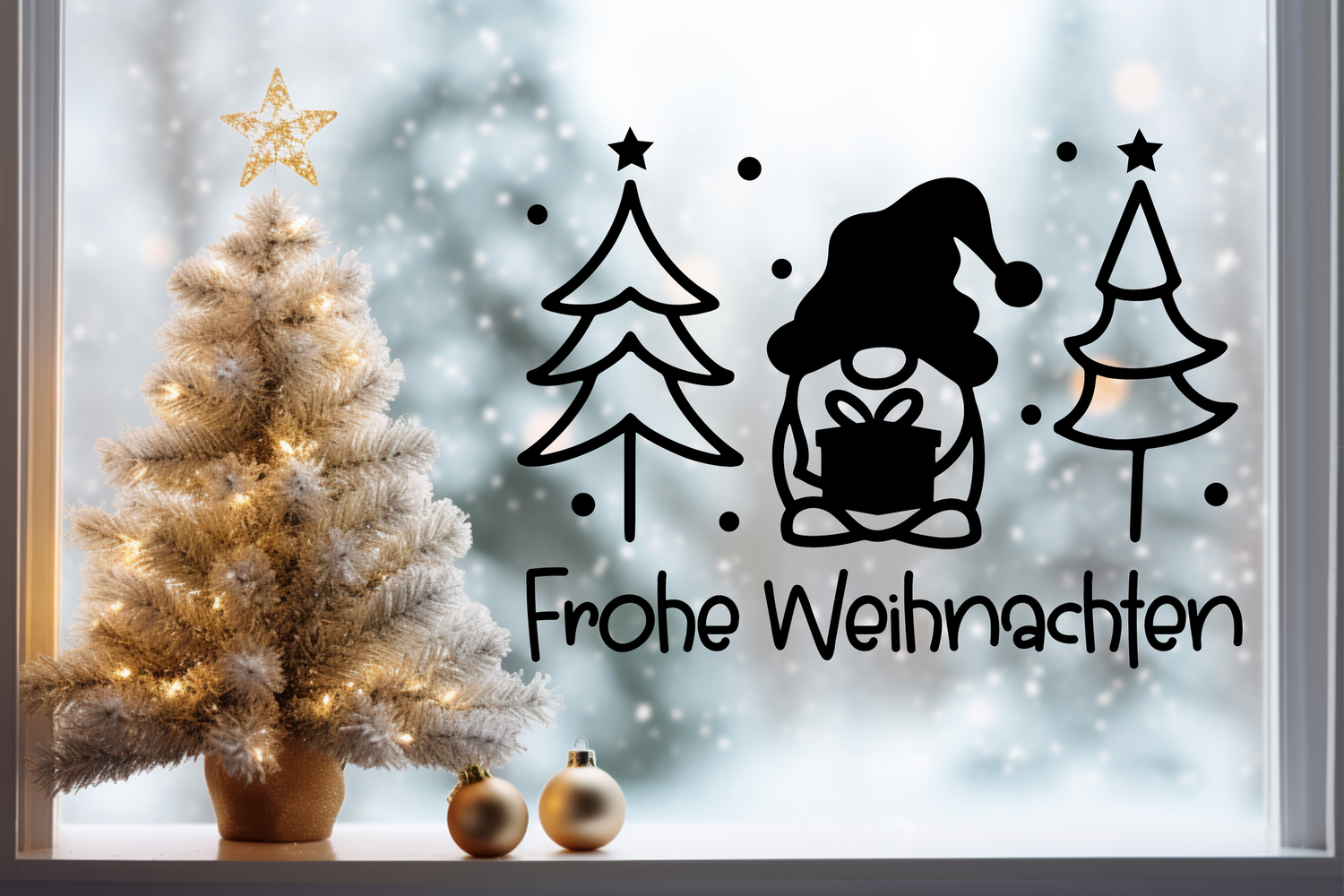 Fensteraufkleber Frohe Weihnachten Wichtel Bäume