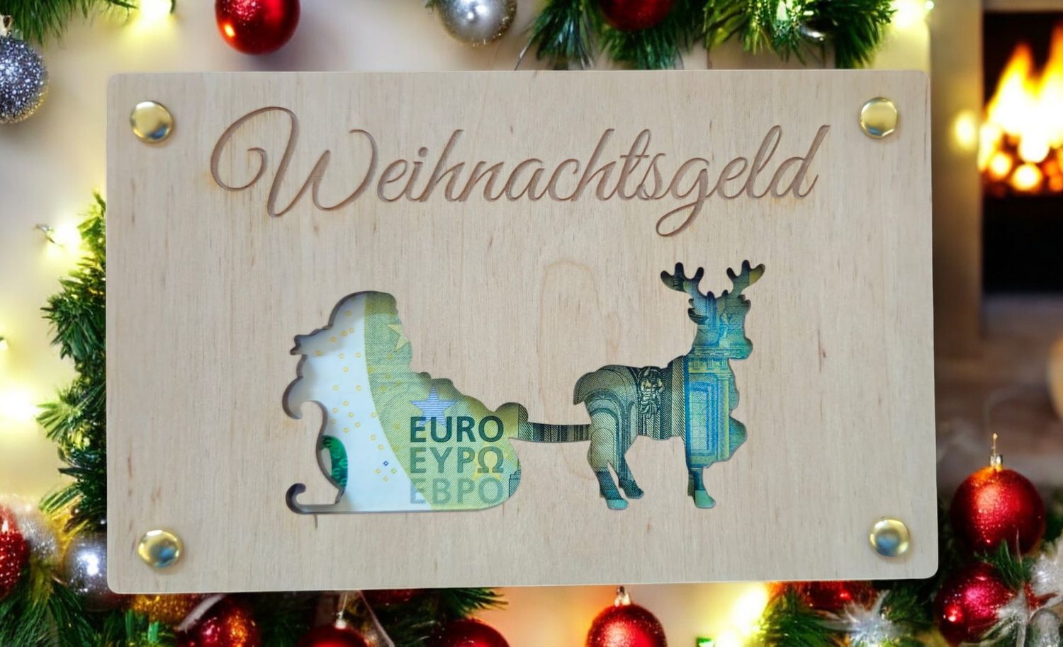 Geschenkkarte aus Holz Weihnachtsmann Rentier