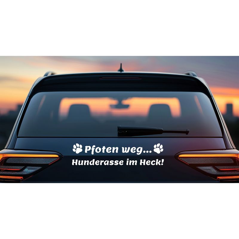 Aufkleber Pfoten weg "Hunderasse" im Heck! Personaliert