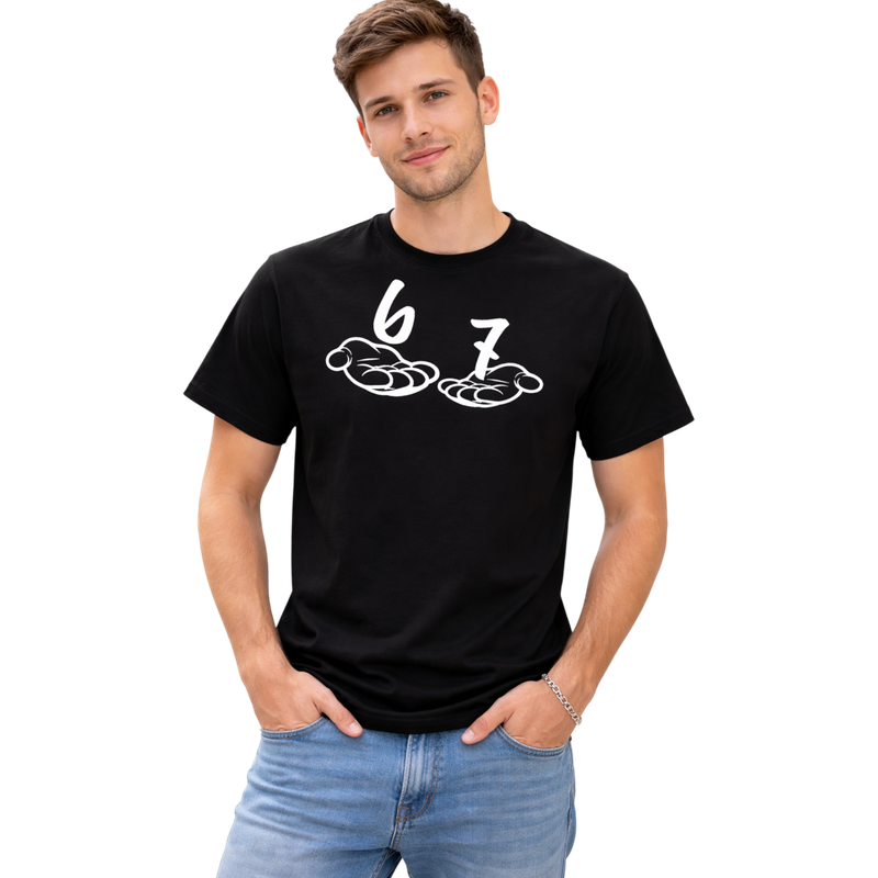 T-Shirt Six Seven 6 7 Hände Print Unisex Schwarz Weiß Baumwolle Streetwear