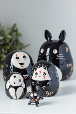 Ghibli inspired nesting jars, russian doll jars, Totoro, No Face, Mononoke, Kodama