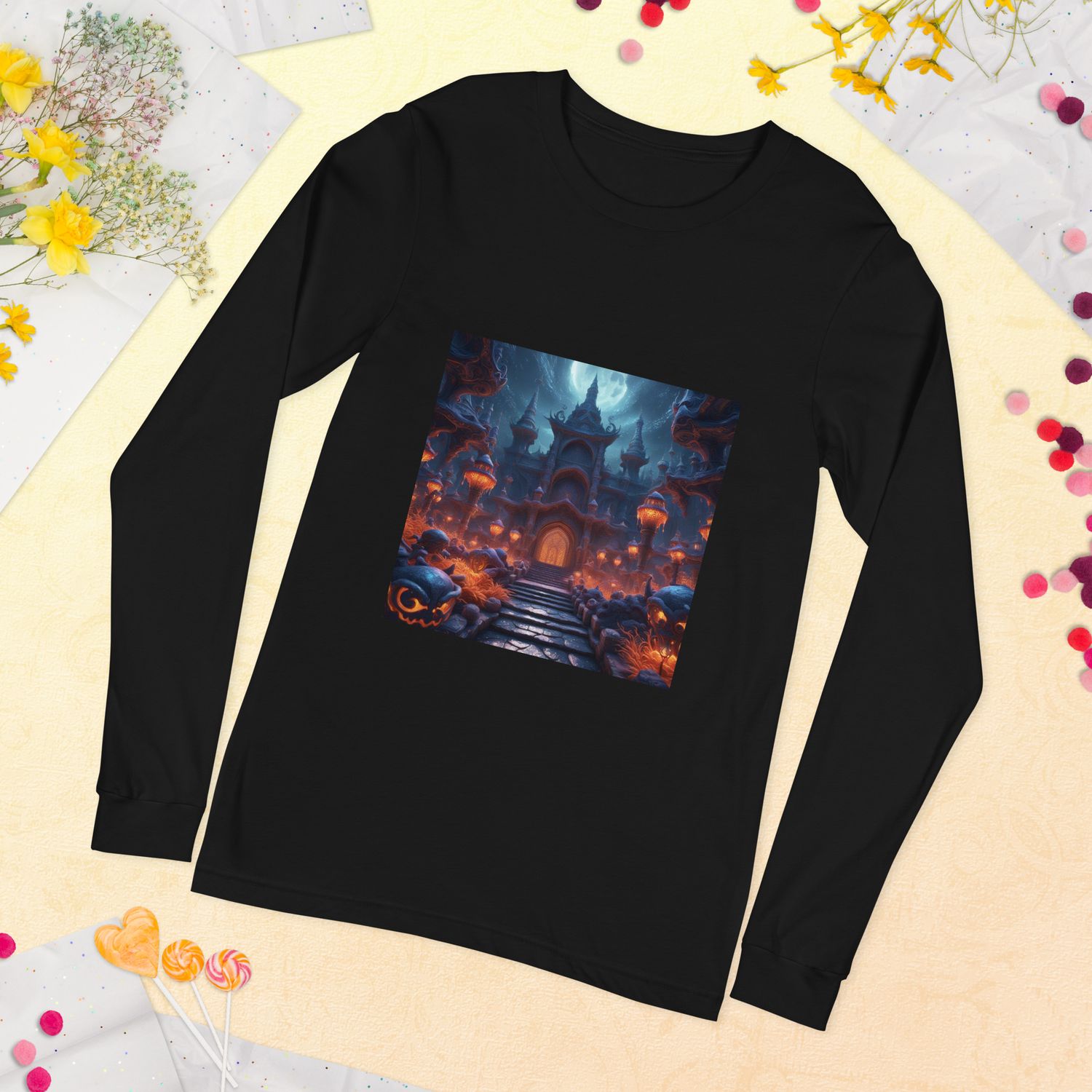 Skull Castle Unisex Long Sleeve Tee, Gothic Fantasy Shirt, Spooky Skull Art Tee, Haunted Castle Long Sleeve, Eerie Gothic Shirt