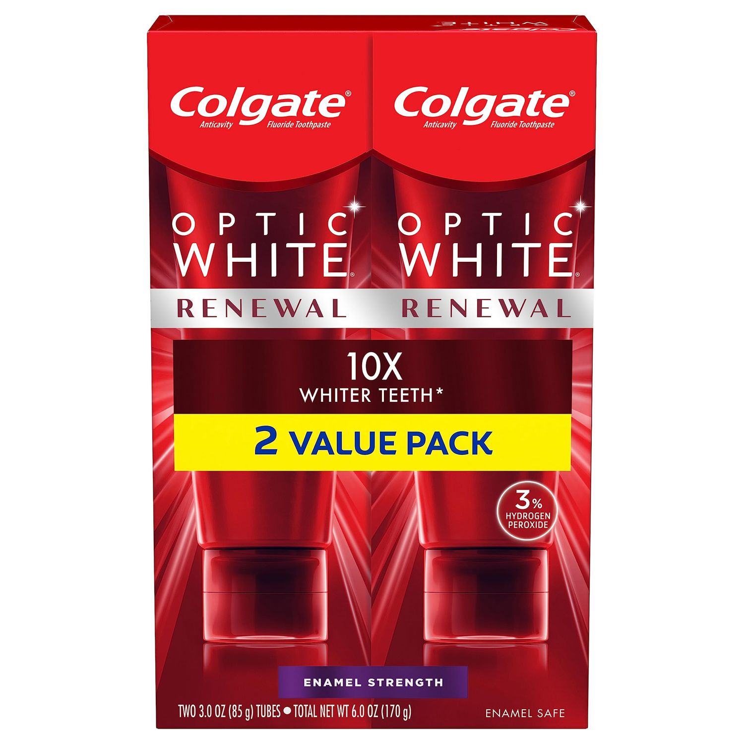 Colgate Optic White Renewal Teeth Whitening Toothpaste, Enamel Strength, 3 Oz, 2 Pack