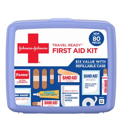 Johnson &amp; Johnson Travel Ready Portable Emergency First Aid Kit for Minor Wound Care with Assorted Adhesive Bandages, Gauze Pads &amp; More, Ideal for Travel, Car &amp; On-The-Go, 80 pc