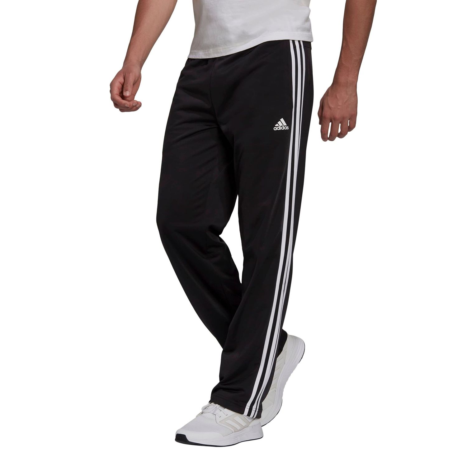 adidas Men&#39;s Essentials Warm-up Open Hem 3-stripes Tracksuit Bottoms, Black/White, Large/31&quot; Inseam