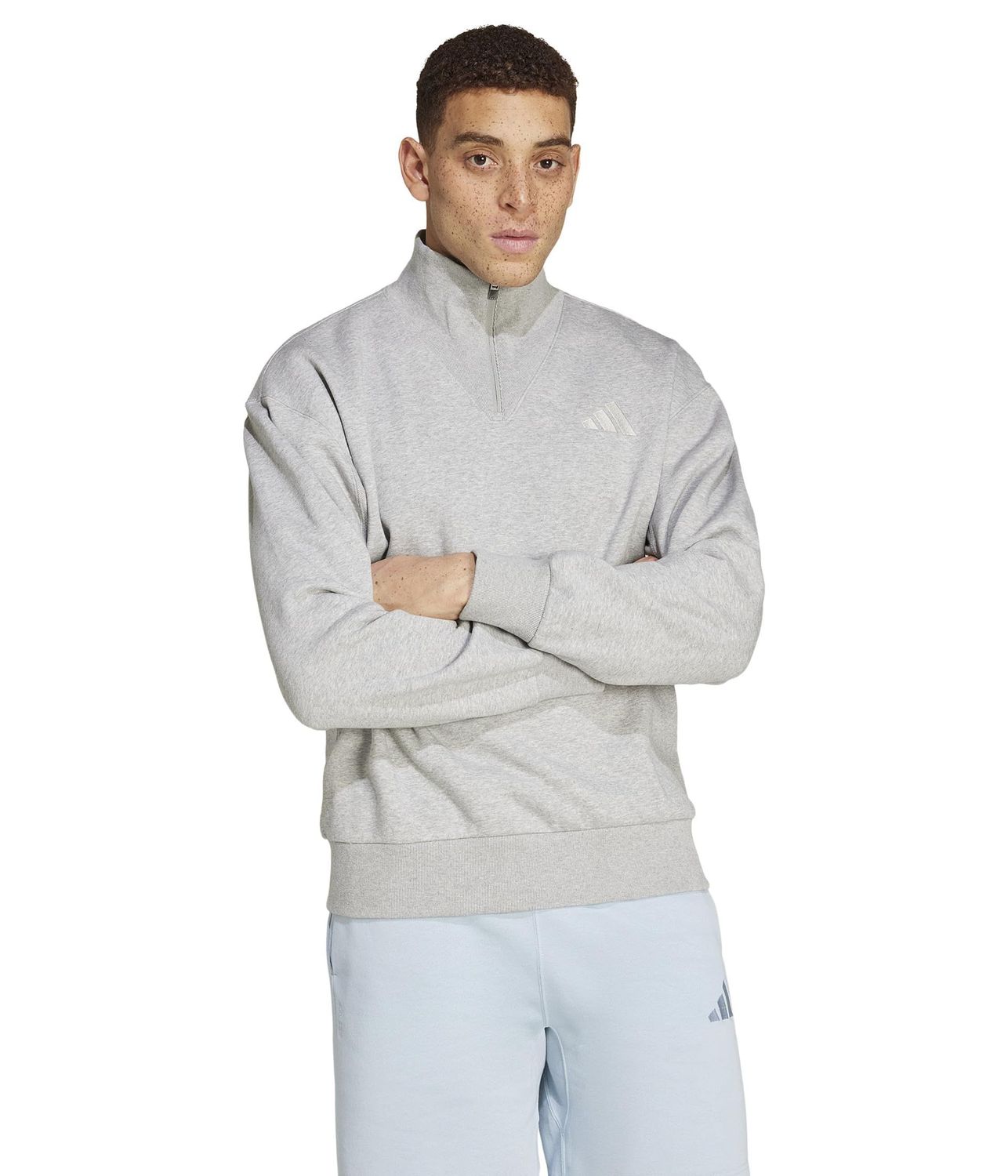 adidas Men&#39;s All SZN Fleece Quarter-Zip Crewneck Swearshirt, Medium Grey Heather