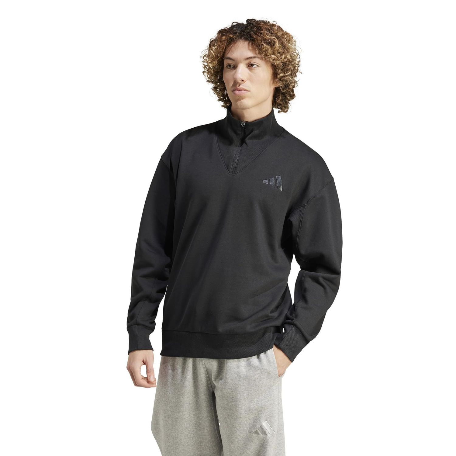 adidas Men&#39;s All SZN Fleece Quarter-Zip Crewneck Swearshirt, Black Large
