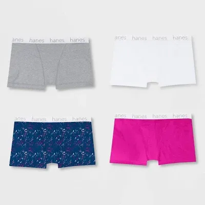 Hanes Premium Womens 4pk Boyfriend Cotton Stretch Boxer Briefs - Gry/Blu/Pnk Sml