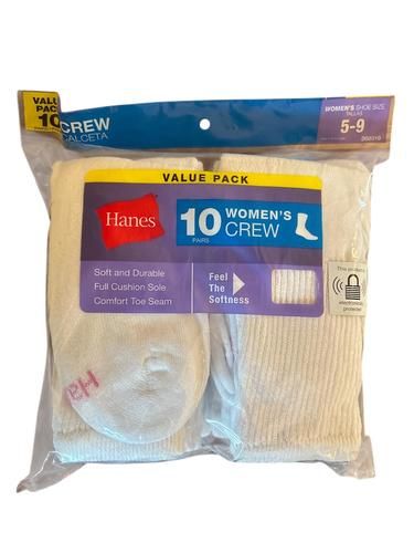Hanes Women&#39;s Value Pack Crew Socks, 10-Pairs, WHITE, Shoe Size 5-9 Full Cushion
