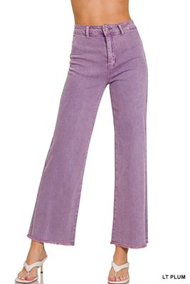 ZENANA: Acid Washed Frayed Cutoff Hem Straight Wide Pants - Non-Cropped Length (CLEARANCE: Subject to Availability)