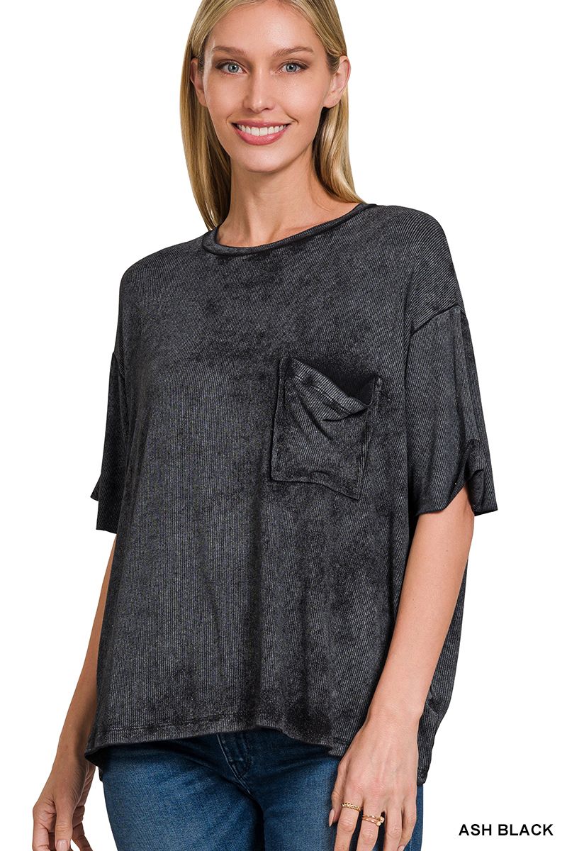 Zenana Washed Ribbed Cuffed Short Sleeve Round Neck Top