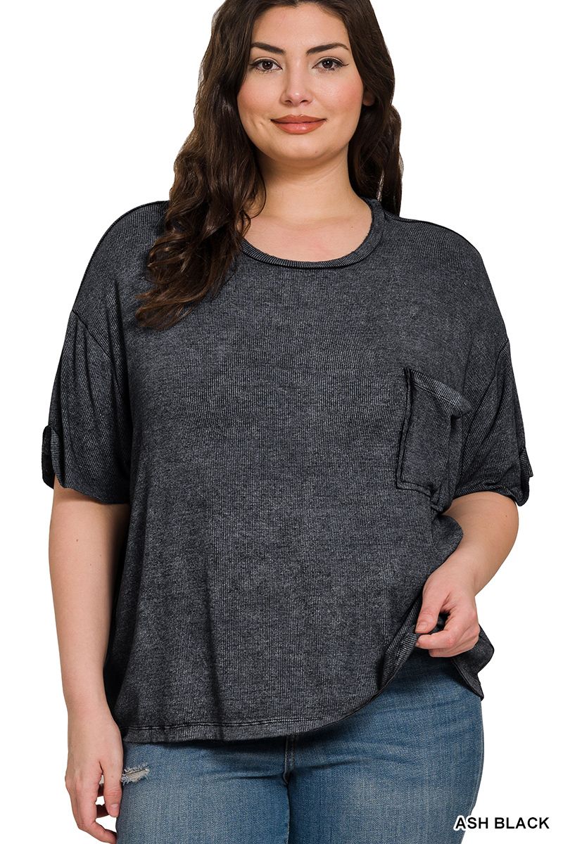 ZENANA Plus Washed Ribbed Short Sleeve Round Neck Top