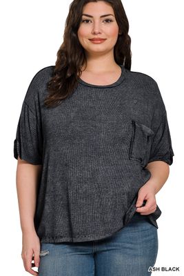 ZENANA Plus Washed Ribbed Short Sleeve Round Neck Top