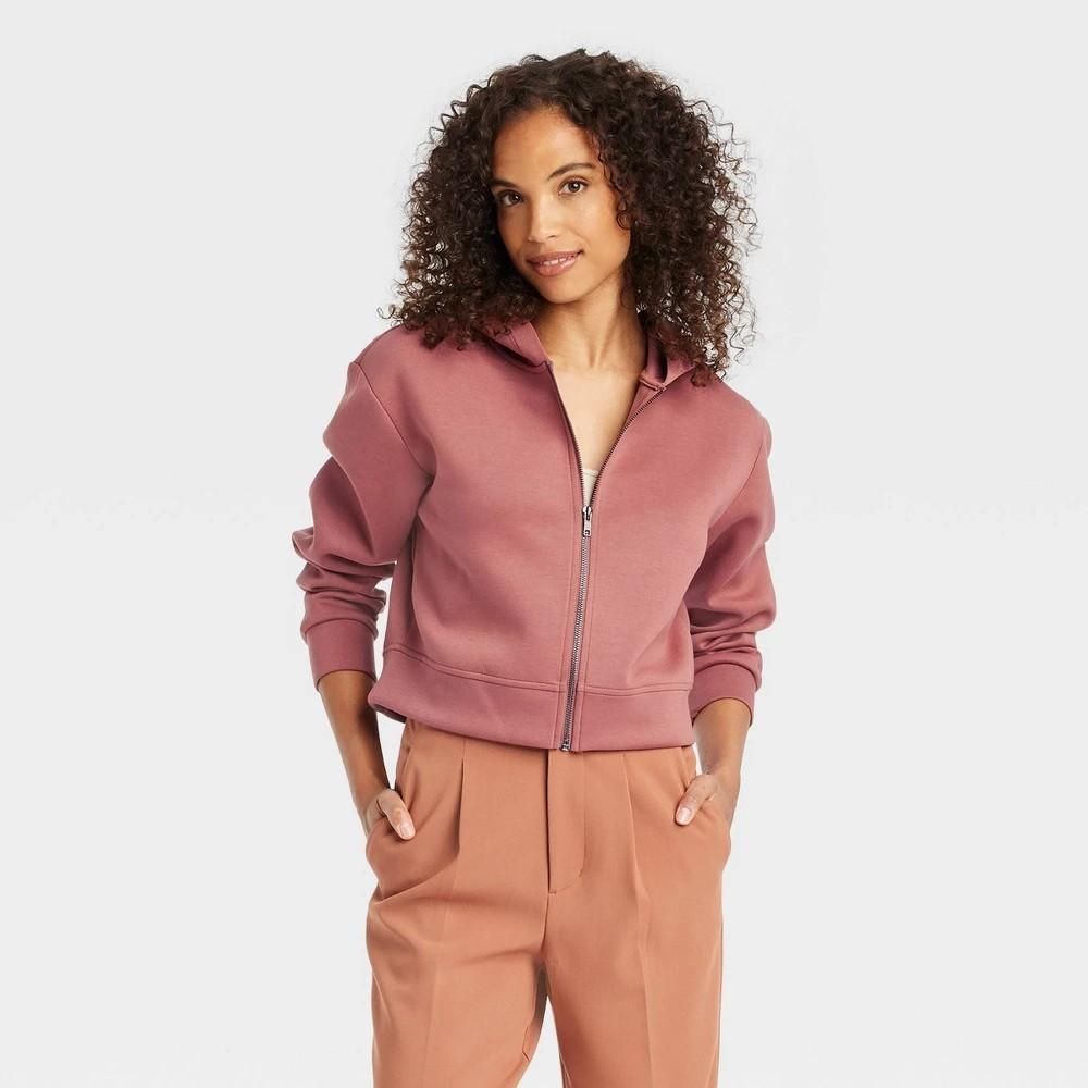 a New Day™ Women&#39;s Double Knit Zip Hoodie Sweatshirt - Rust Large