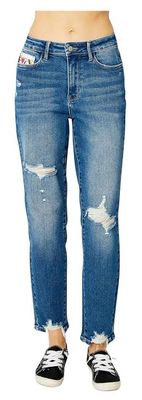 Judy Blue High Waist Queen of Hearts Coin Pocket Boyfriend Relaxed Fit Jeans (Medium Blue)