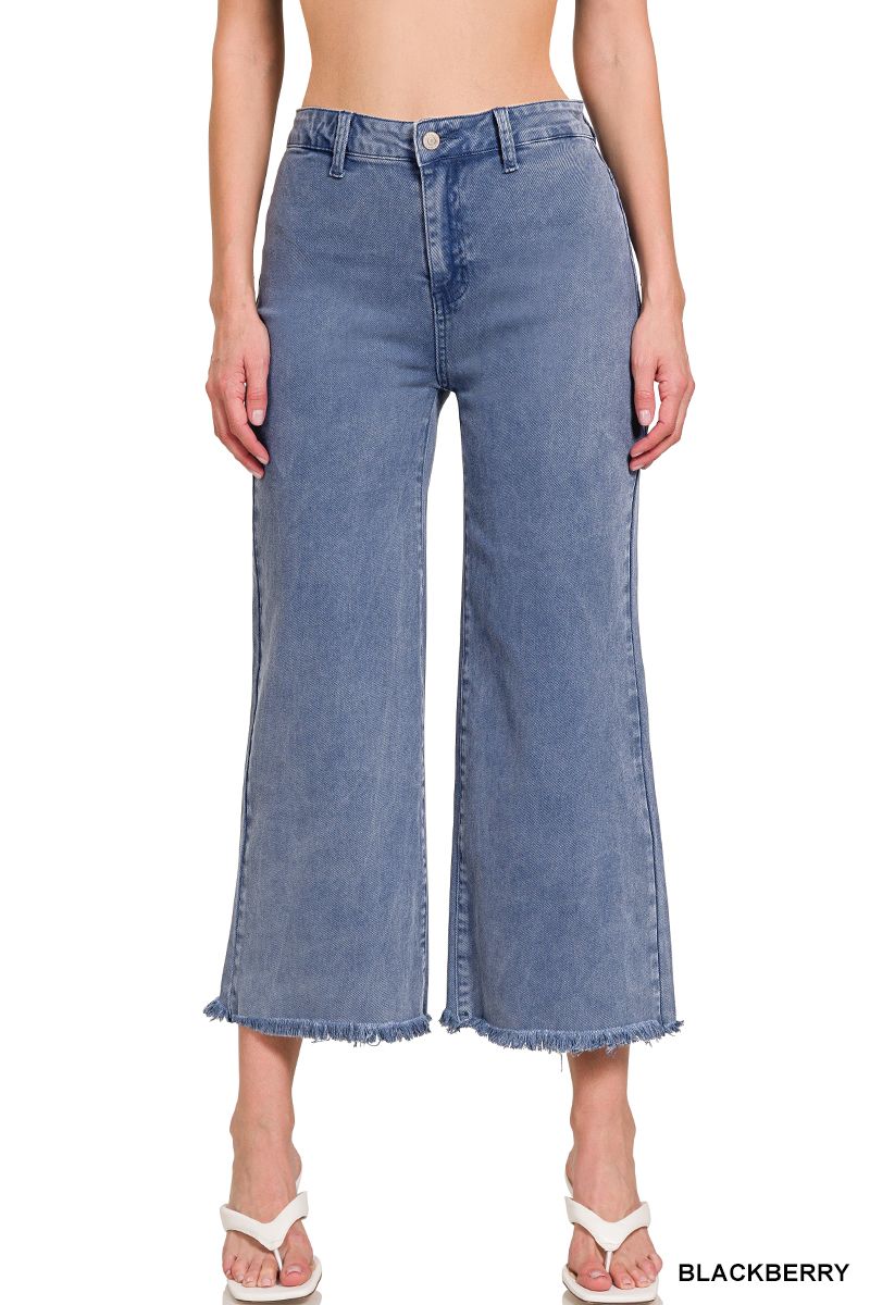 ZENANA: Acid Washed High Waist Frayed Hem Straight Pants
