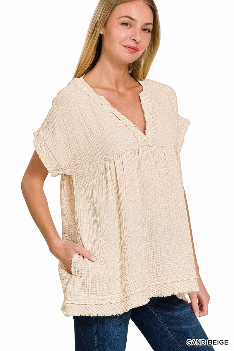 ZENANA Washed Double Gauze Raw Edge Short Sleeve Shirt