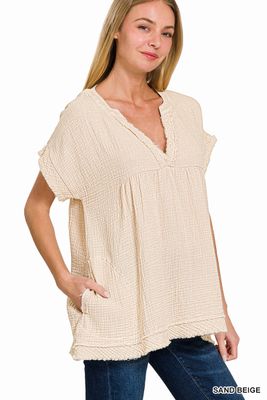 ZENANA Washed Double Gauze Raw Edge Short Sleeve Shirt