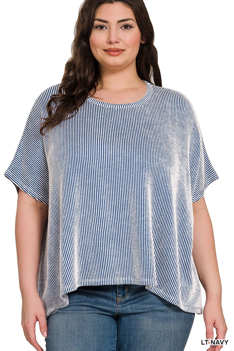 ZENANA Plus Ribbed Striped Oversized Short Sleeve Top