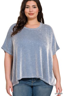 ZENANA Plus Ribbed Striped Oversized Short Sleeve Top