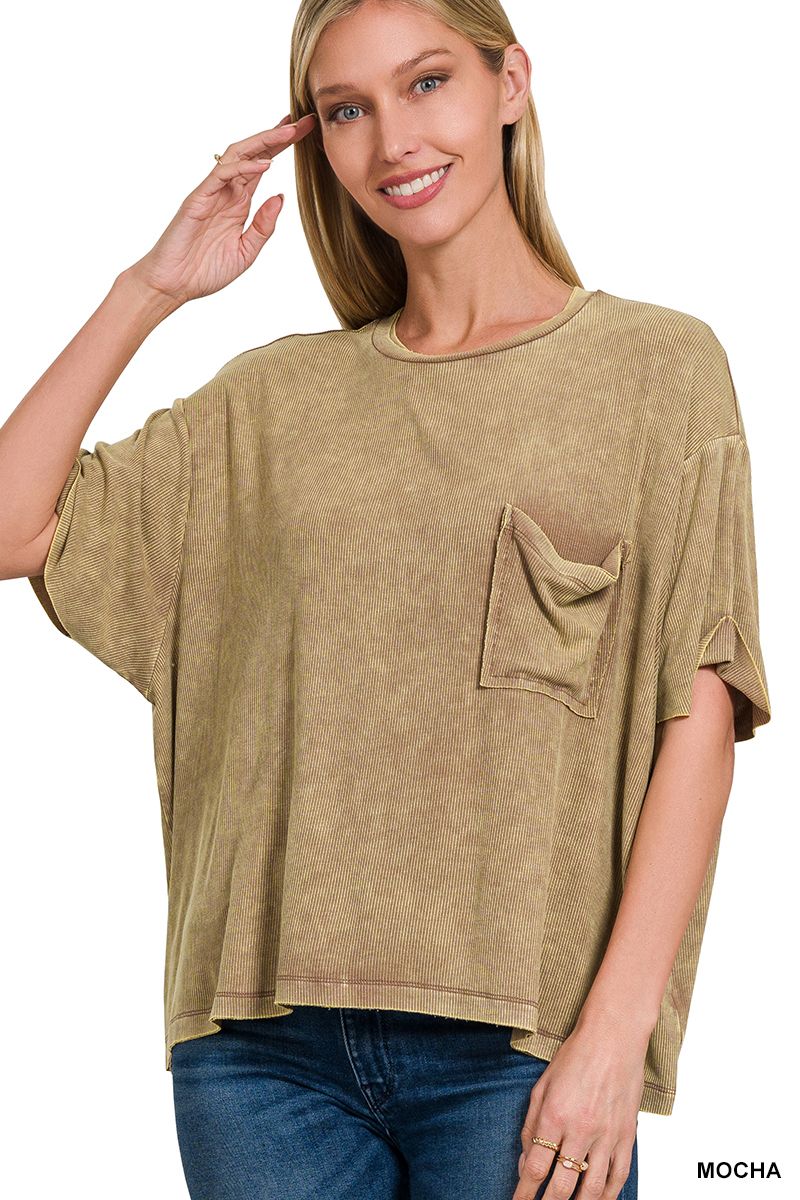 ZENANA Washed Ribbed Cuffed Short Sleeve Round Neck Top