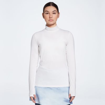 CALIA Women&#39;s Golf UV Protection Mock Neck Long Sleeve Golf Polo, Large, Pure Wh