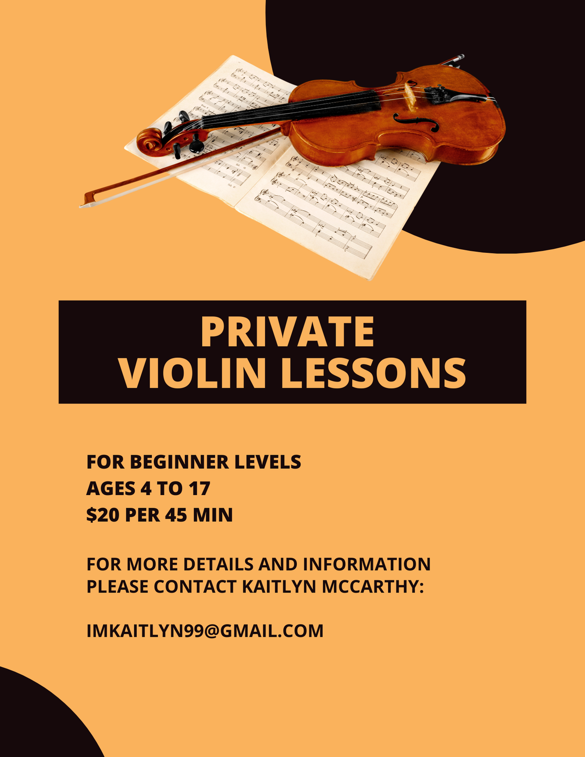Violin - Individual Lessons (Sunny 10:30-11:00 AM) 1st-12th $200*