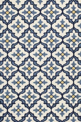 5' x 7' Ivory or Blue Geometric Mosaic Indoor Outdoor Area Rug