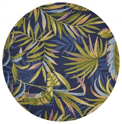 8' Ink Blue Hand Hooked UV Treated Oversized Tropical Leaves Round Indoor Outdoor Area Rug