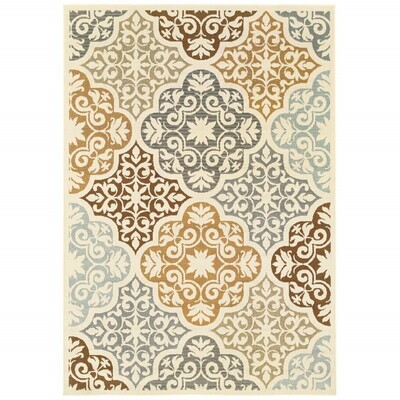 9' x 13' Ivory Grey Floral Medallion Indoor Outdoor Area