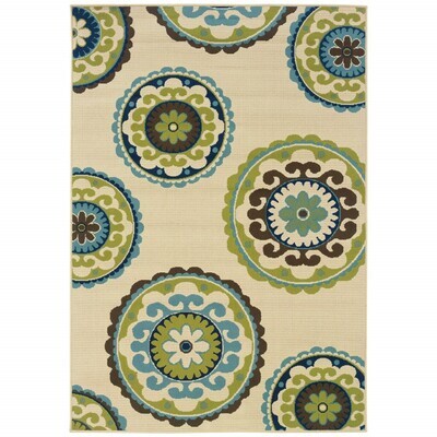 6' x 9' Ivory Indigo and Lime Medallion Disc Indoor Outdoor Area Rug