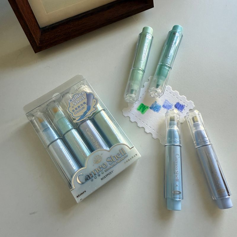 Cameo Shell . Glitter Highlighter Pens . Pack of 4 Blue-tone Colours