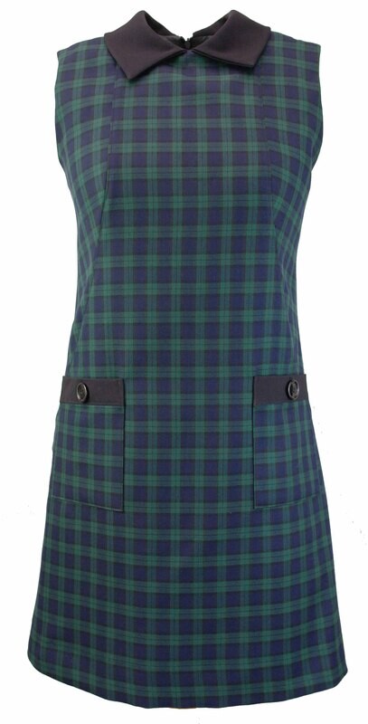 mod dress, 1960s dress, 60s dress, mod clothing, mod style, mod girl, flower button, sixties dress, 1960s fashion, mod fashion, mod, scooter dress, retro dress, viintage style, mary quant style, A liine dress, shift dress, green dress, collar, tartan dress, blackwatch tartan, patch pockets