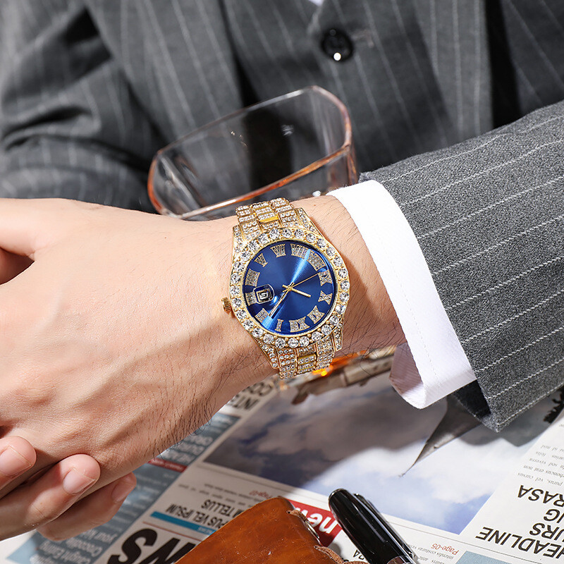 Mens Steel Band Hip Hop Roman Scale Diamond Calendar Men&#39;s Quartz Watch