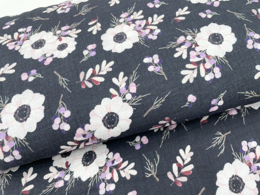 Musselin "Blumen" Schwarz Digitaldruck