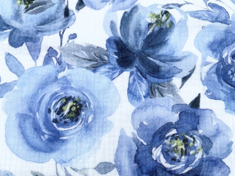 Musselin "Aquarellblumen" Blau