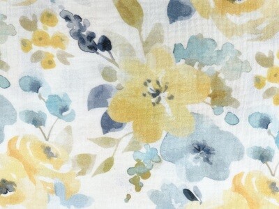 Musselin "Aquarellblumen" Gelb mit Hellblau