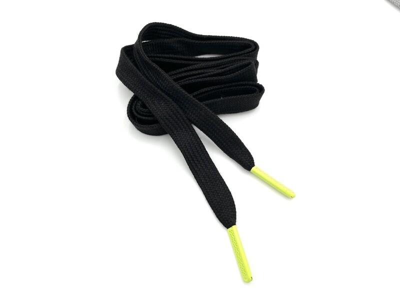 Drawstring Flachkordel mit fertigen Kordelenden Schwarz mit Neonlime 1,2 cm breit