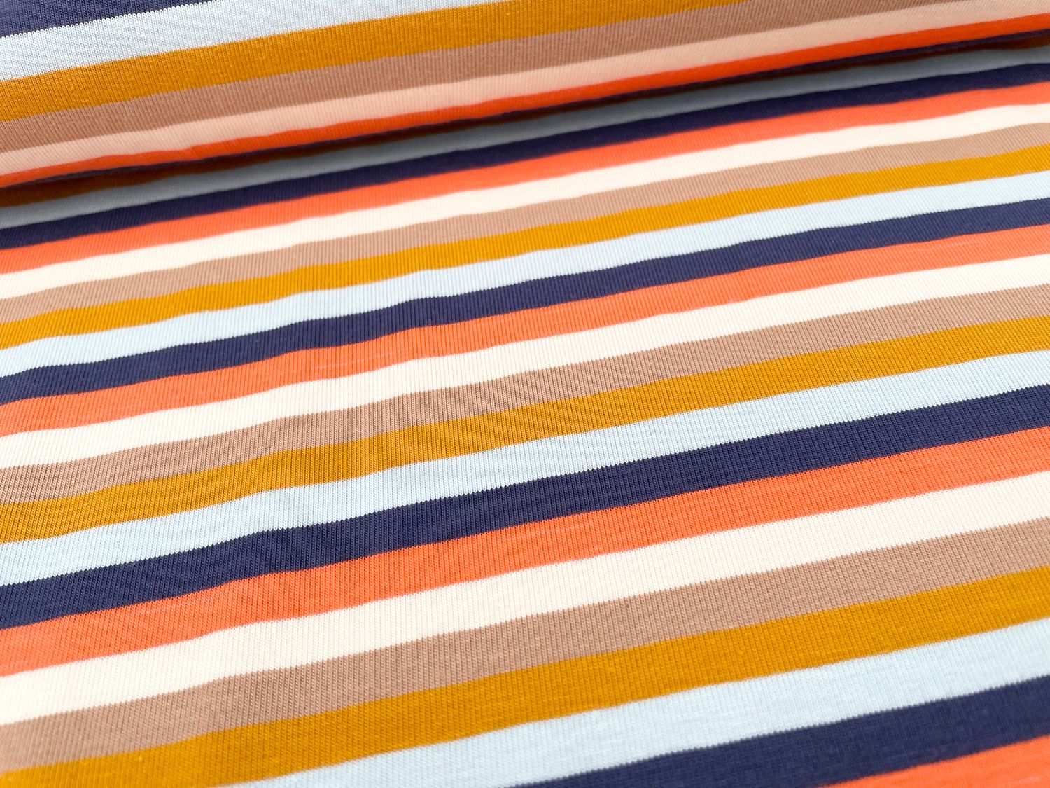 Jersey Streifen Multicolor Blau Beige Orange garngefärbt