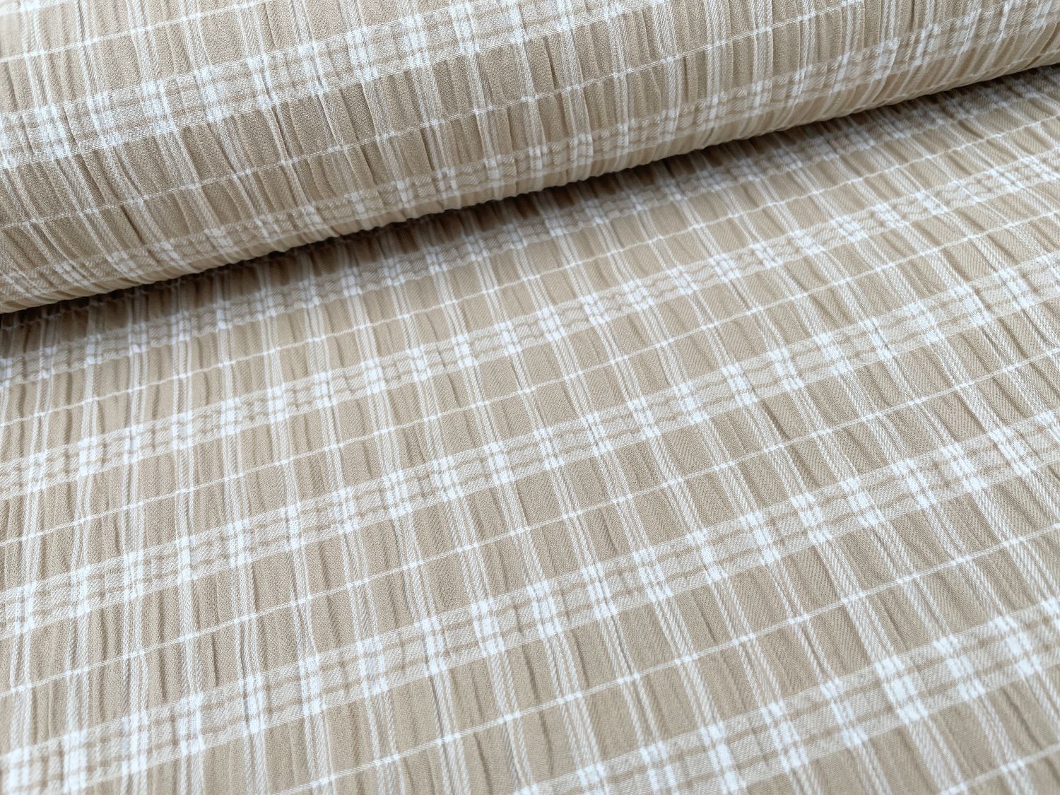 Baumwoll Seersucker garngefärbt Karomuster Beige karriert