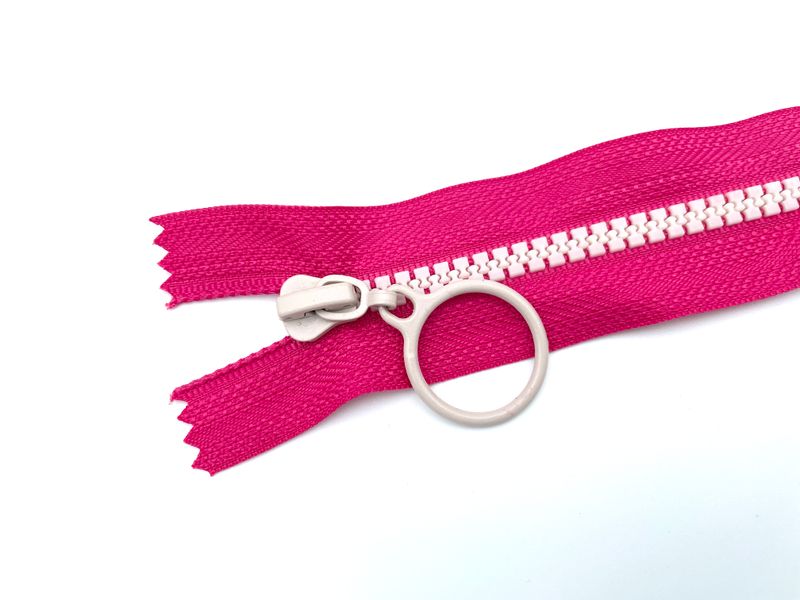 Reißverschluss mit Ring Zipper 25 cm Pink Weiß nicht teilbar