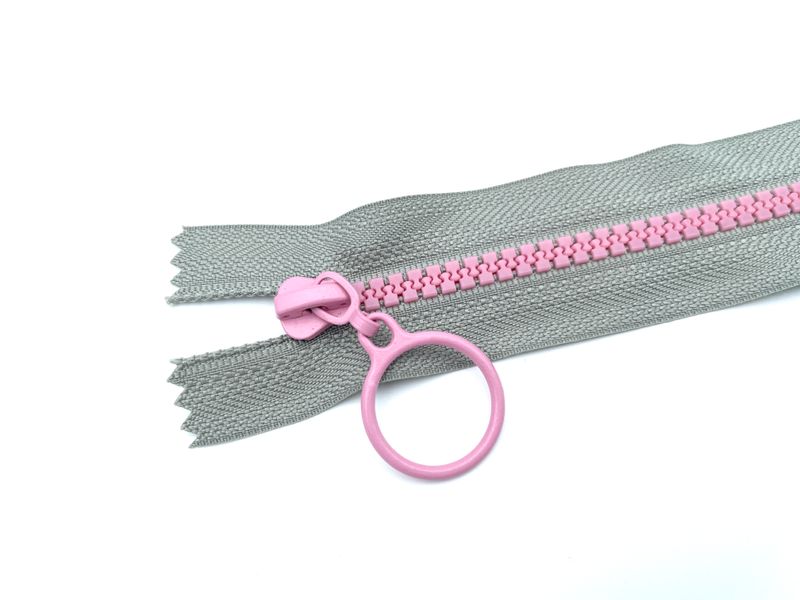 Reißverschluss mit Ring Zipper 25 cm Grau Rosa nicht teilbar