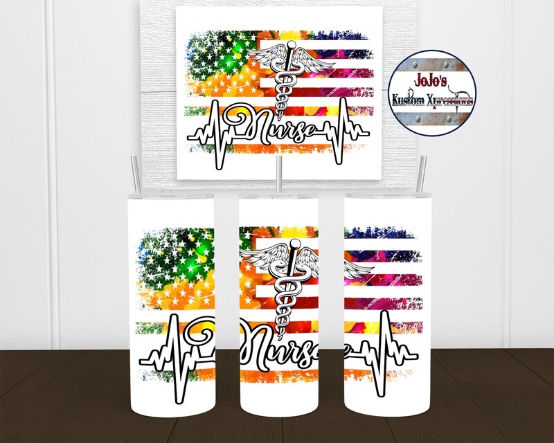 Nurse with flag and splatter rainbow pattern