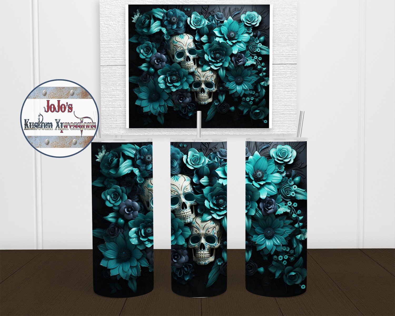 Teal Skulls and Flowers Tumbler