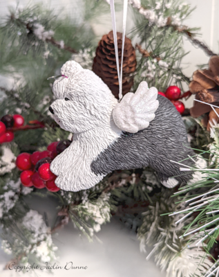 Old English Sheepdog Running - Playful OR Angel Design | Hand Painted Christmas Ornament & Decorative Magnet