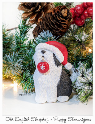 Old English Sheepdog Puppy- Shenanigans | Hand Painted First Christmas Ornament and Decorative Magnet