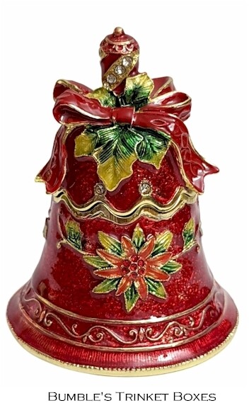 Red Christmas Bell with Poinsettias Decorative Trinket Box