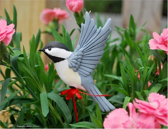 Black Capped Chickadee in Flight With Red Ribbon | Hand Painted Christmas Ornament &amp; Decorative Magnet