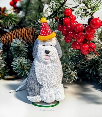 Happy Birthday Old English Sheepdog Sitting Keepsake | Hand Painted OES Christmas Ornament, Freestanding Decoration AND Decorative Magnet