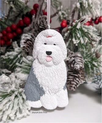Old English Sheepdog Sitting Keepsake | Hand Painted OES Christmas Ornament, Freestanding Decoration AND Decorative Magnet